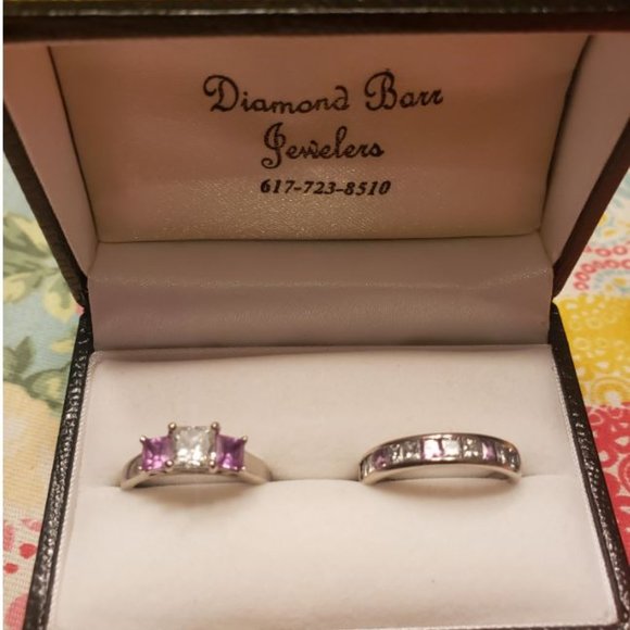 Genuine .77ct VS1 Center Princess Cut Diamond & Pink Sapphire 14k Rings - Picture 3 of 3